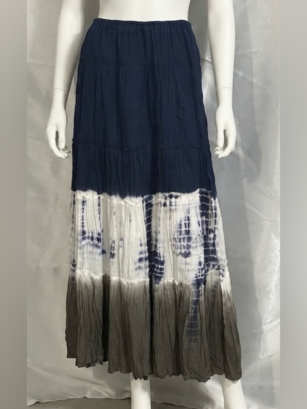 Style & Co. Navy Tie-Dye Tiered Maxi Skirt with White and Gray Panels